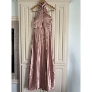 Birdy Grey Pastel Pink Halter Neck Satin Bridesmaids Dress Front Slit Large